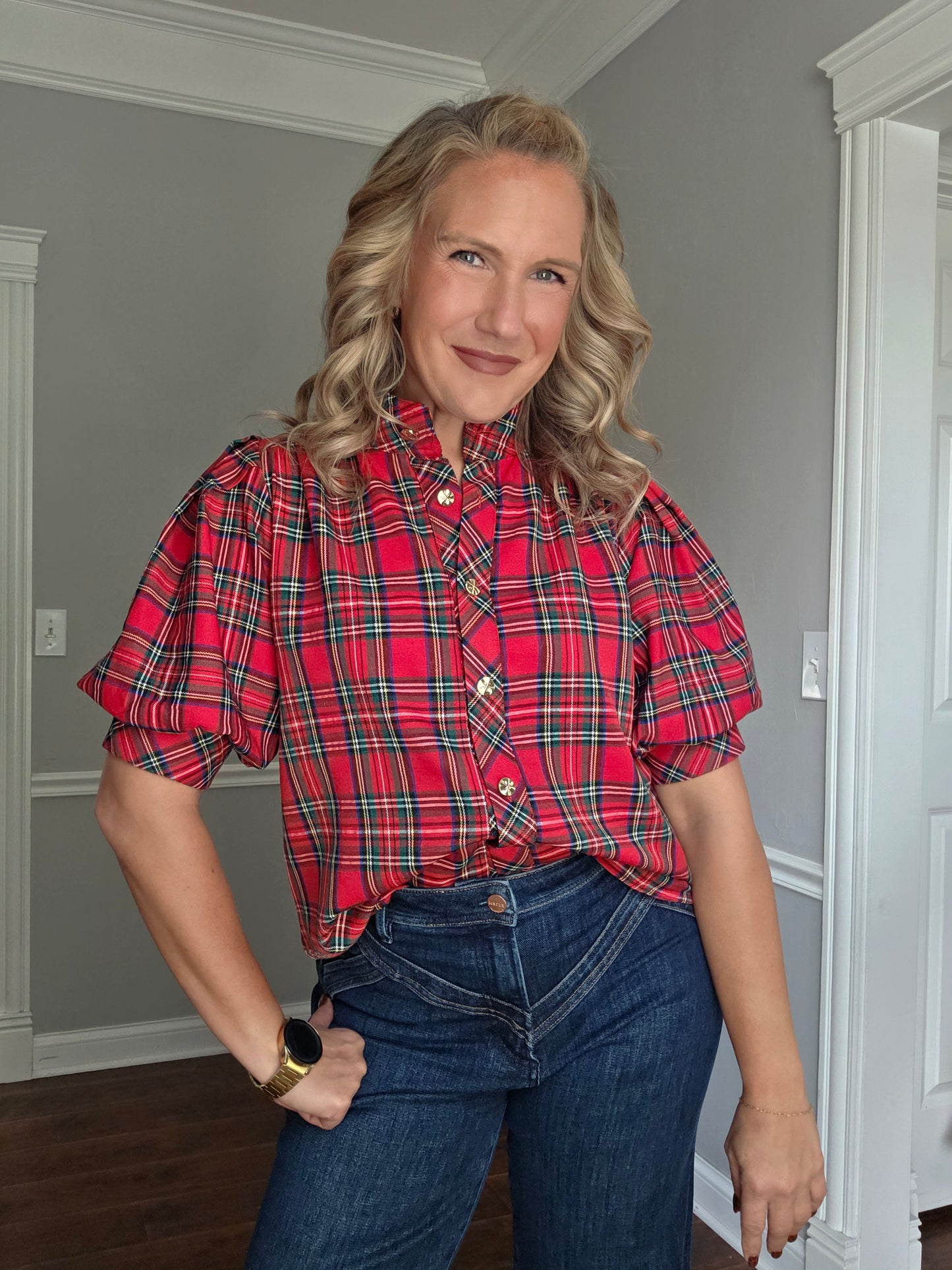 Red Tartan Plaid Button Up Top