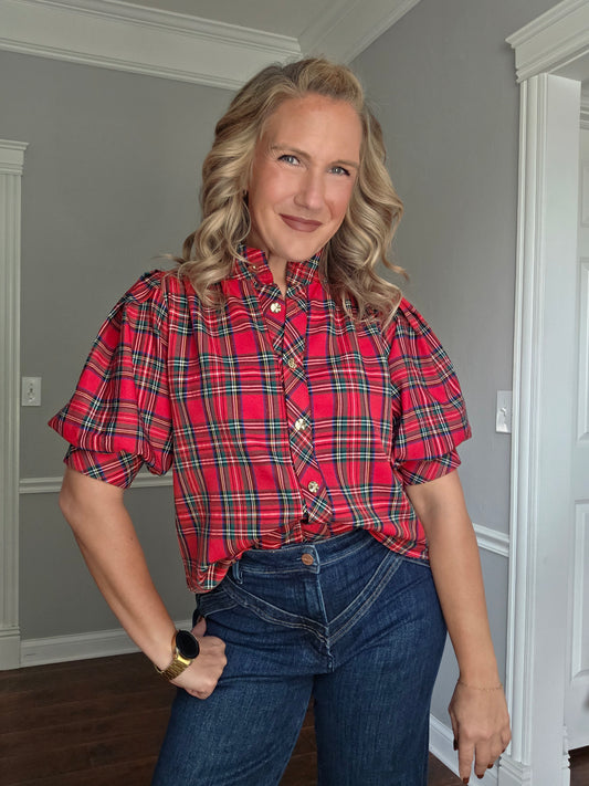 Red Tartan Plaid Button Up Top