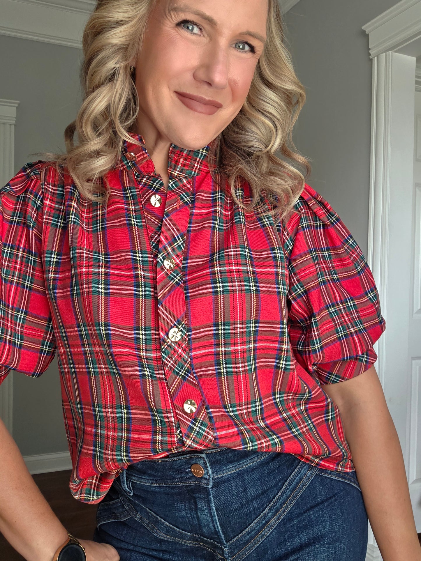 Red Tartan Plaid Button Up Top