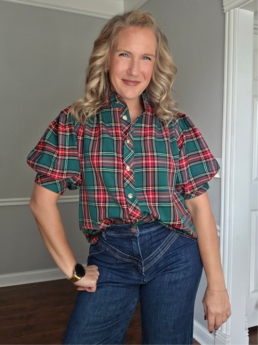 Green Tartan Plaid Button Up Top