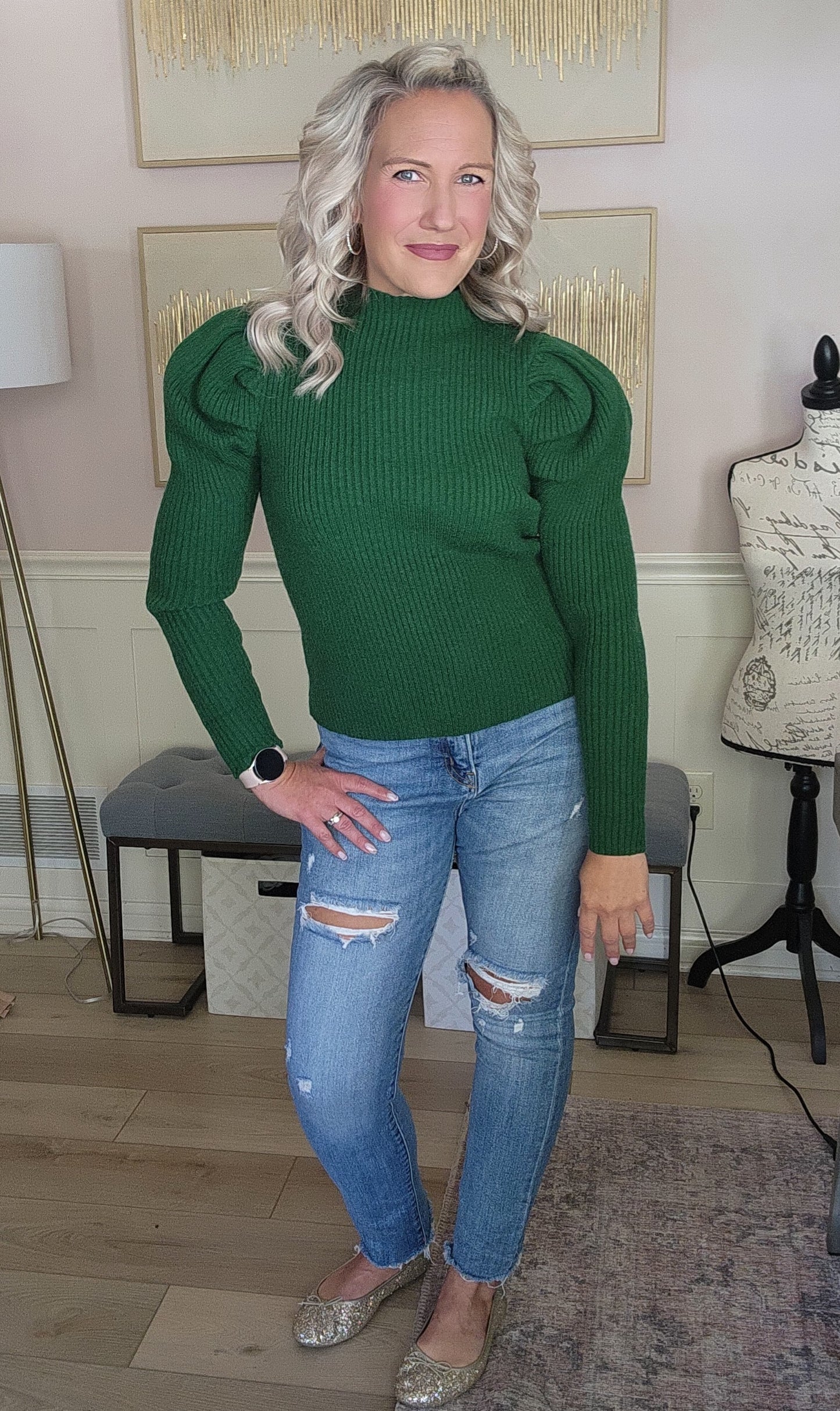 Forest Green Puff Sleeve Sweater