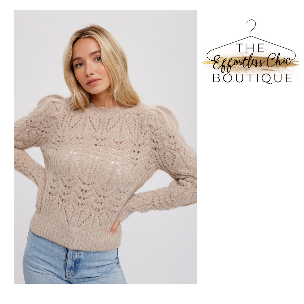 Pointelle Sweater with Puff Sleeve