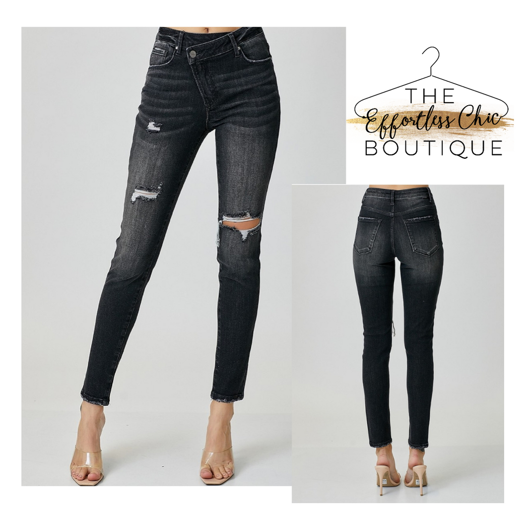 RISEN High Rise Crossover Relaxed Skinny Jeans in Black