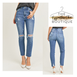 RISEN High Rise, Distressed, Relaxed Fit, Skinny Jeans in Medium Wash