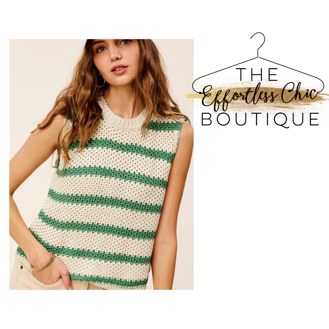 Green Striped Sleeveless Sweater