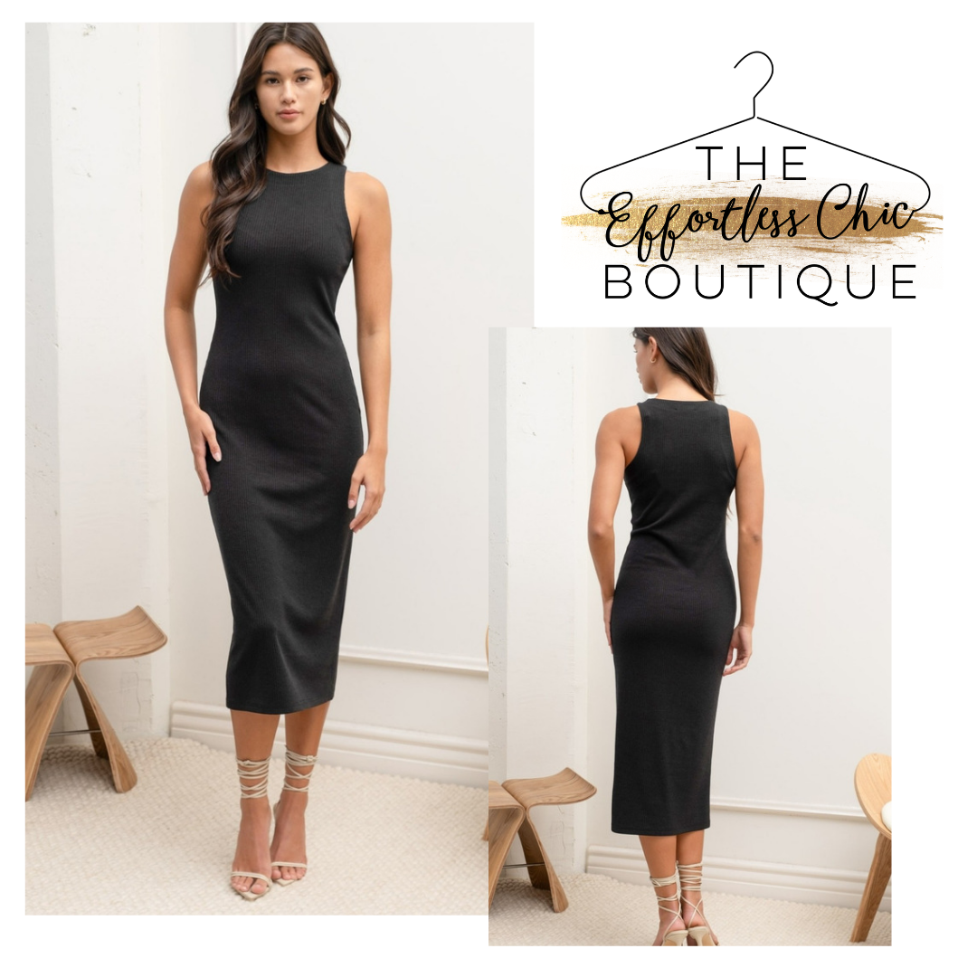 Sleeveless Fitted Midi Dress in Black