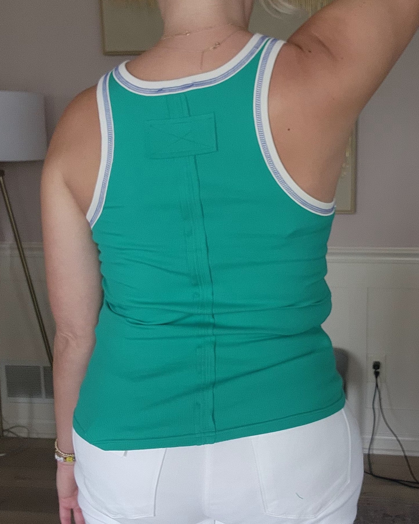 Green Tank with Off-white Detail