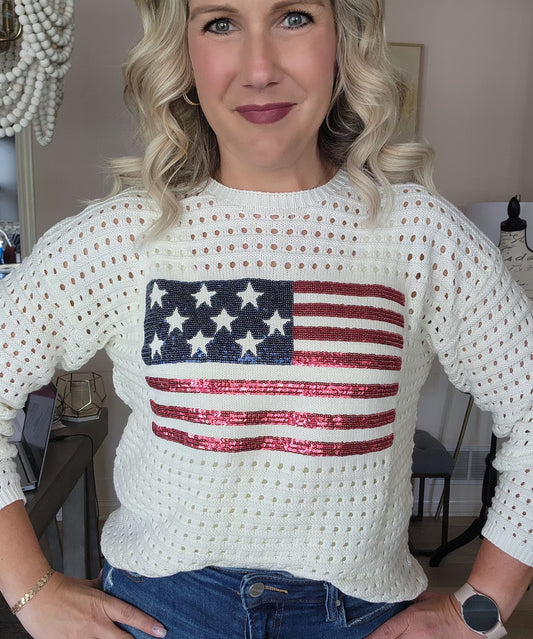 Open Stitch American Flag Sweater