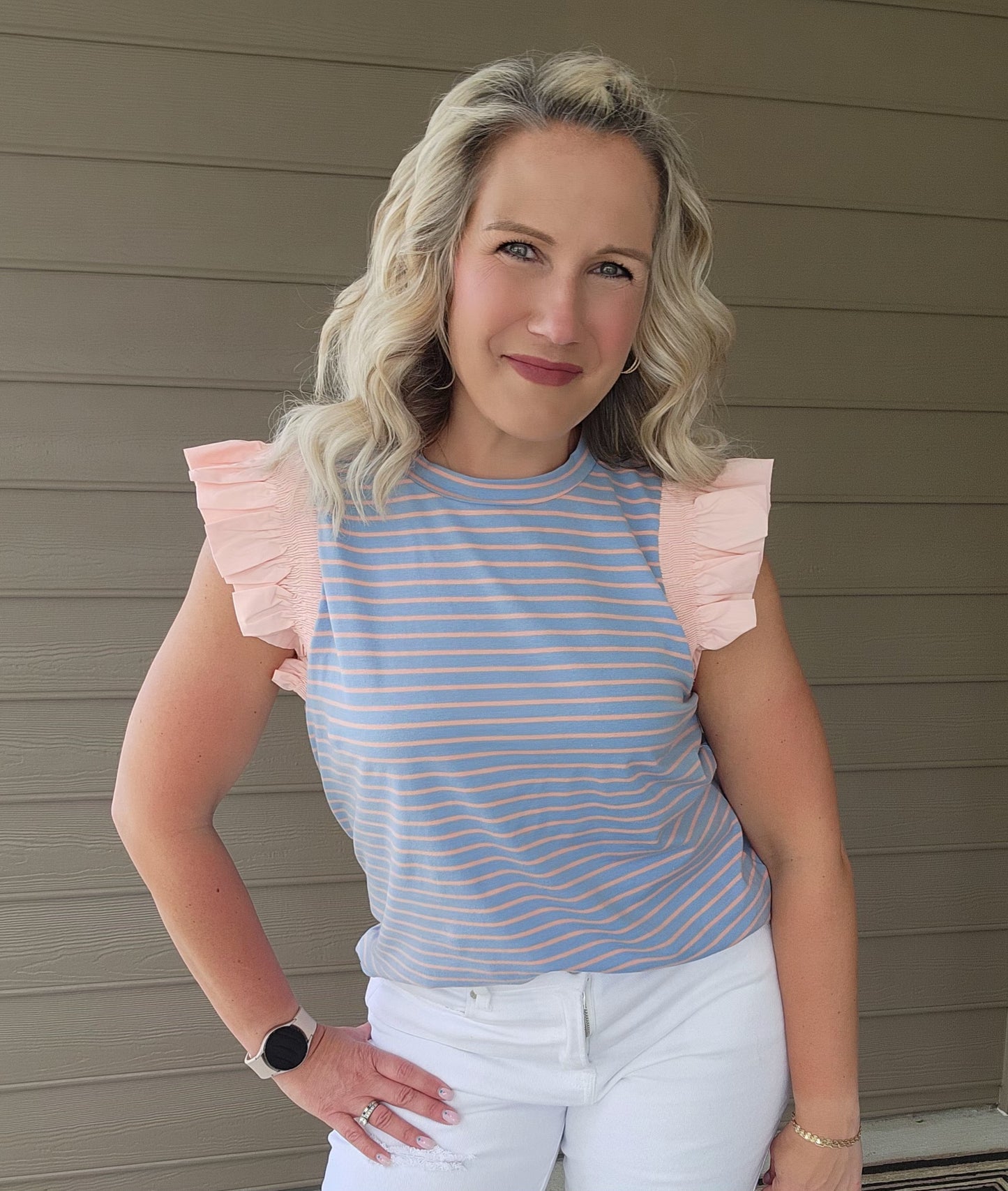 Blue Striped Top with Ruffle Sleeves