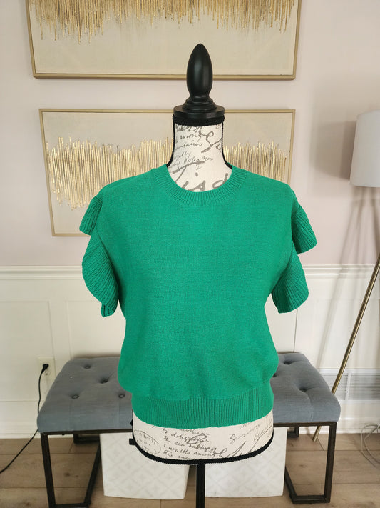 Kelly Green Knit Top w/ Ruffle Sleeve