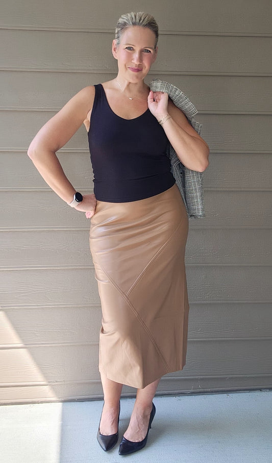 Faux Leather Midi Skirt in Camel