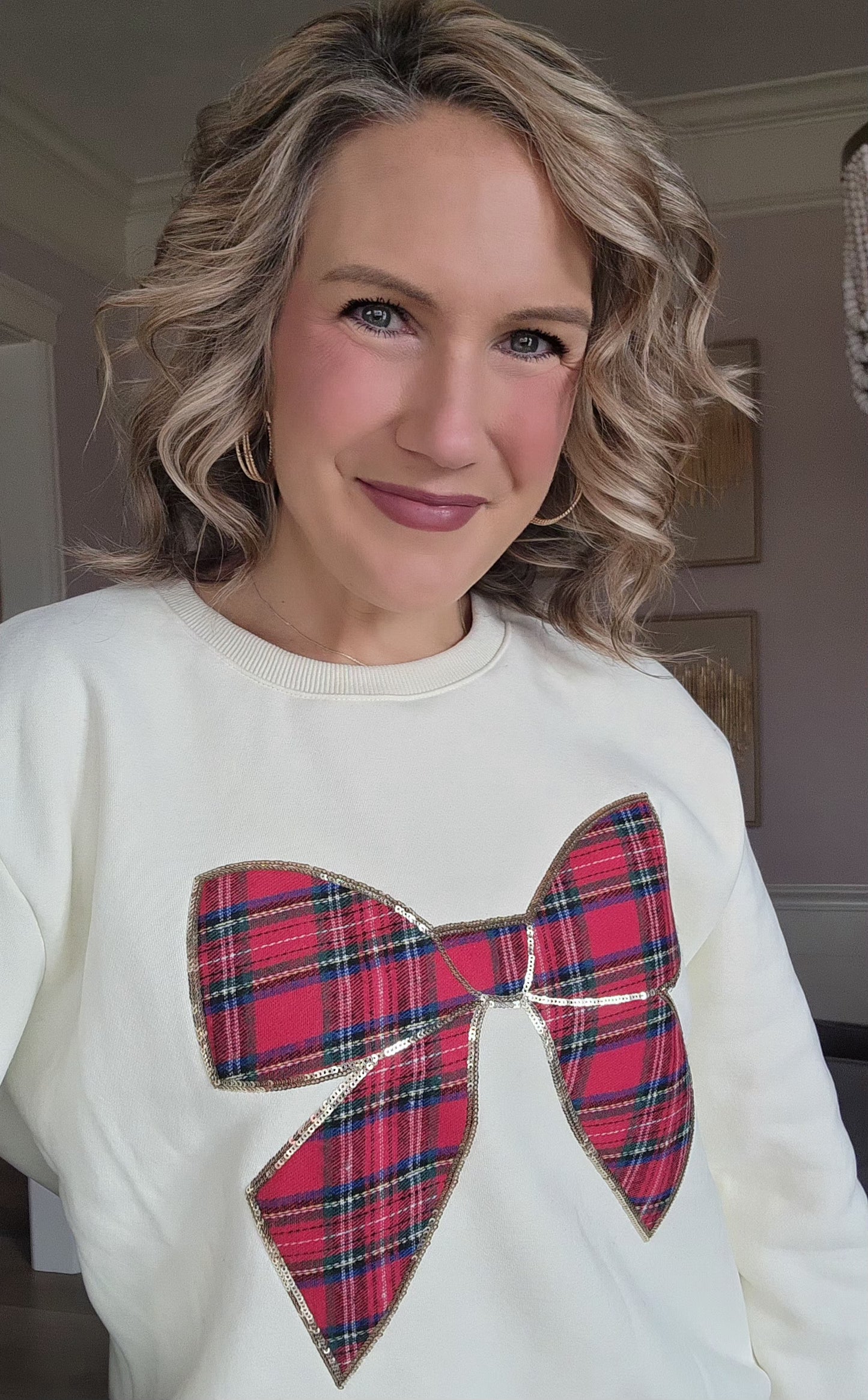 Cream Plaid Bow Sweatshirt