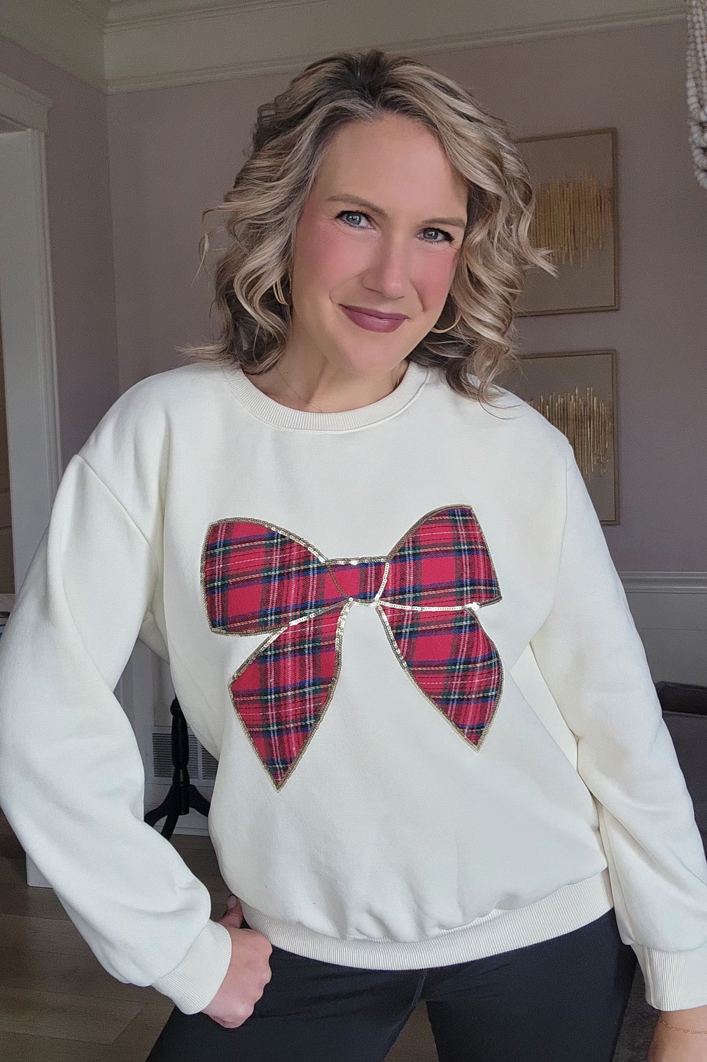 Cream Plaid Bow Sweatshirt