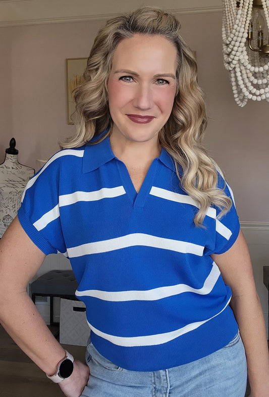 Royal Blue Striped Collared Top