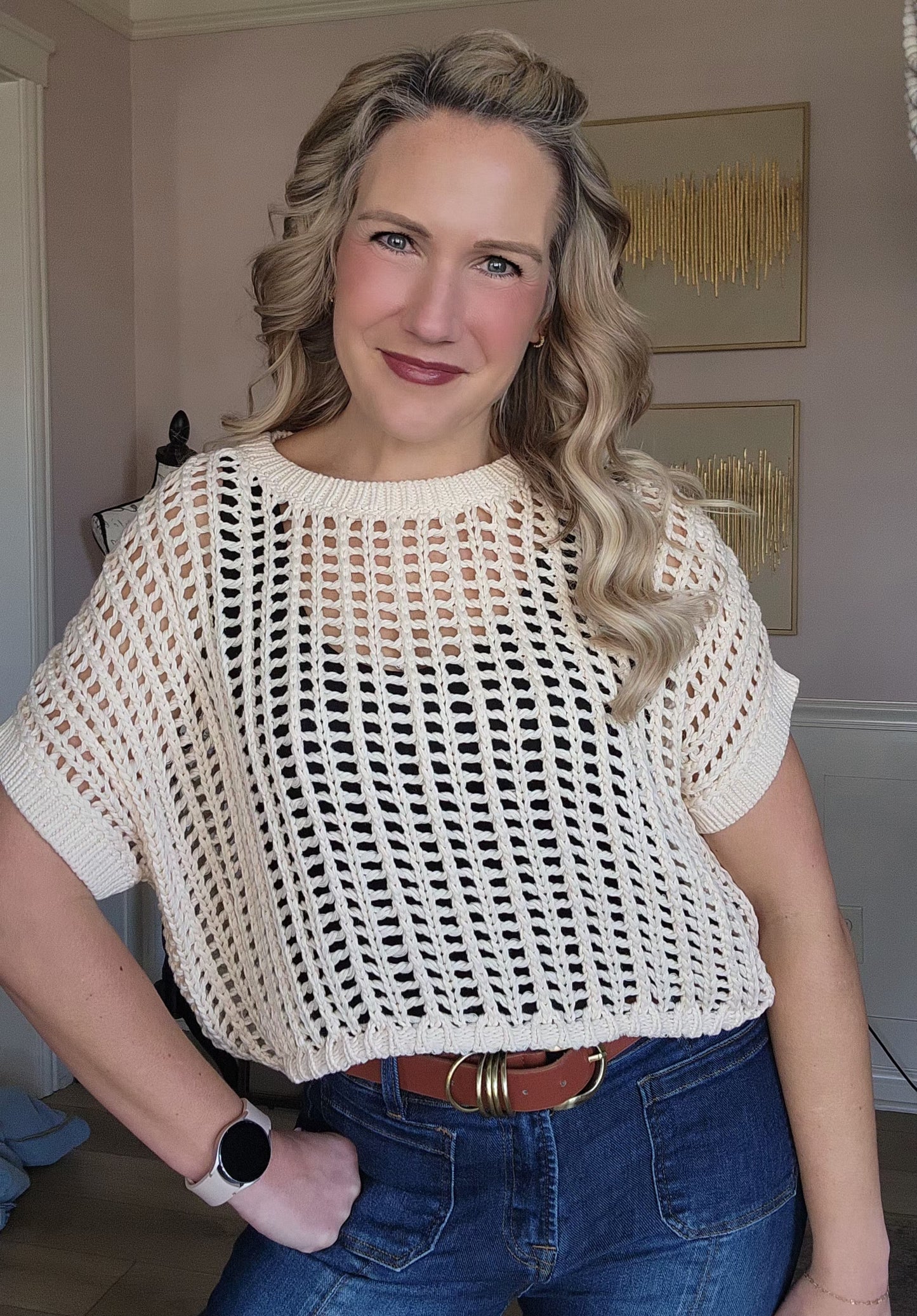 Oatmeal Crochet Knit Top