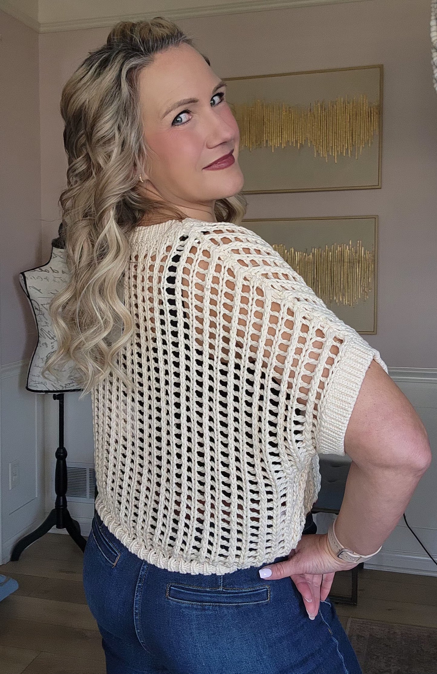 Oatmeal Crochet Knit Top