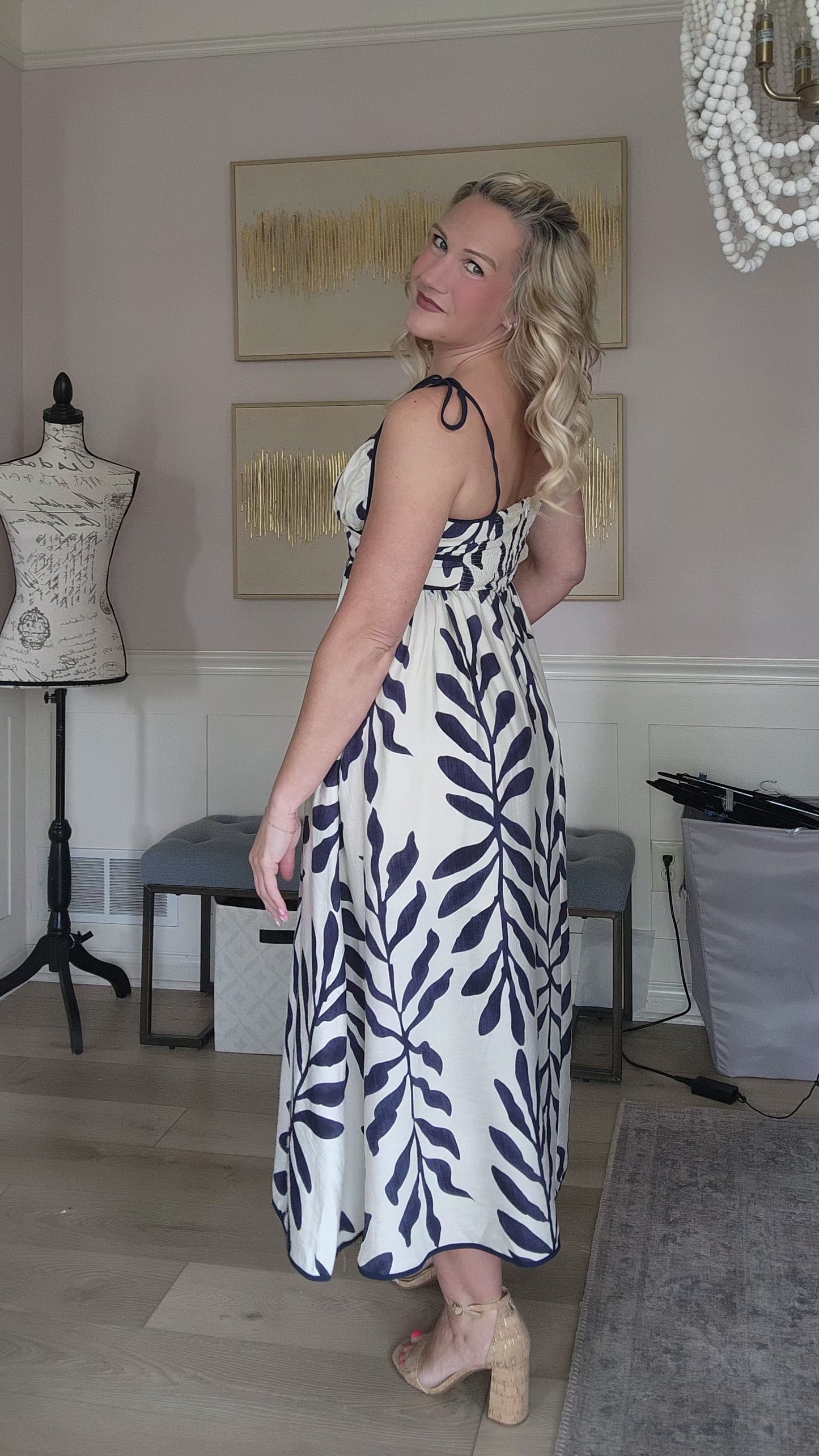 Navy & Cream Pattern Midi Dress