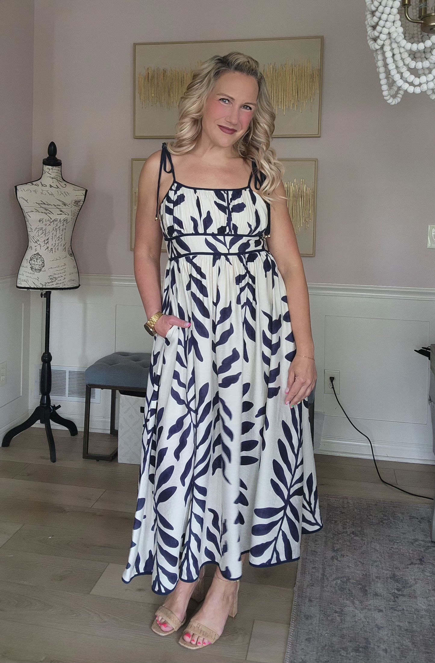 Navy & Cream Pattern Midi Dress