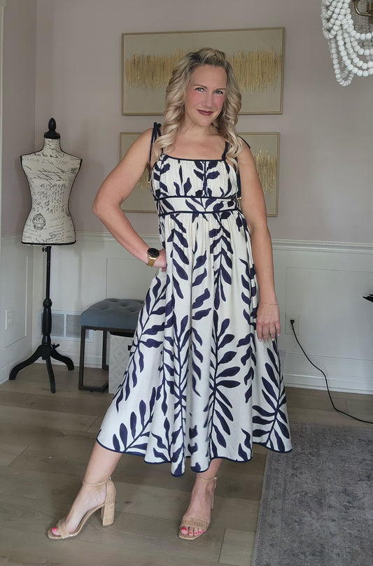 Navy & Cream Pattern Midi Dress