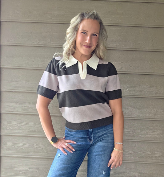 Green Striped Polo Neck Striped Top