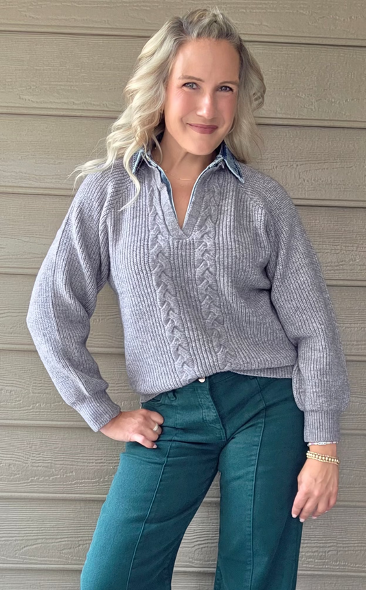Grey Cable Sweater w/Denim Collar