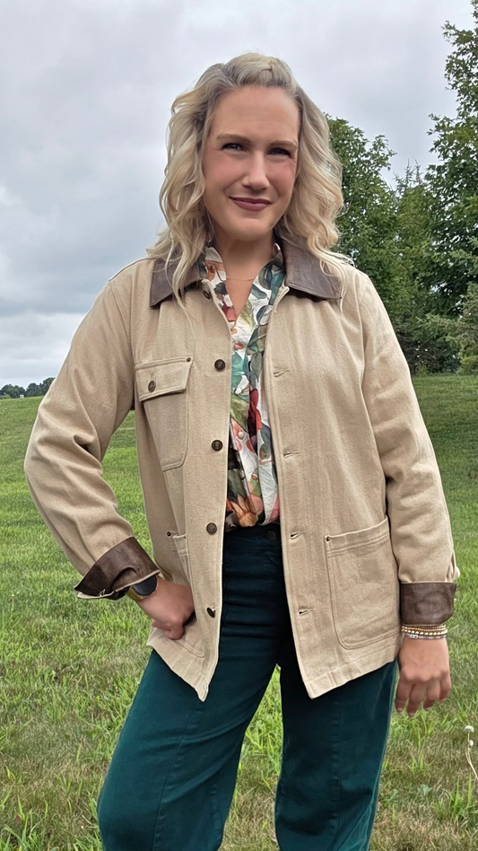 Sand Loose Fit Leather Collar Jacket