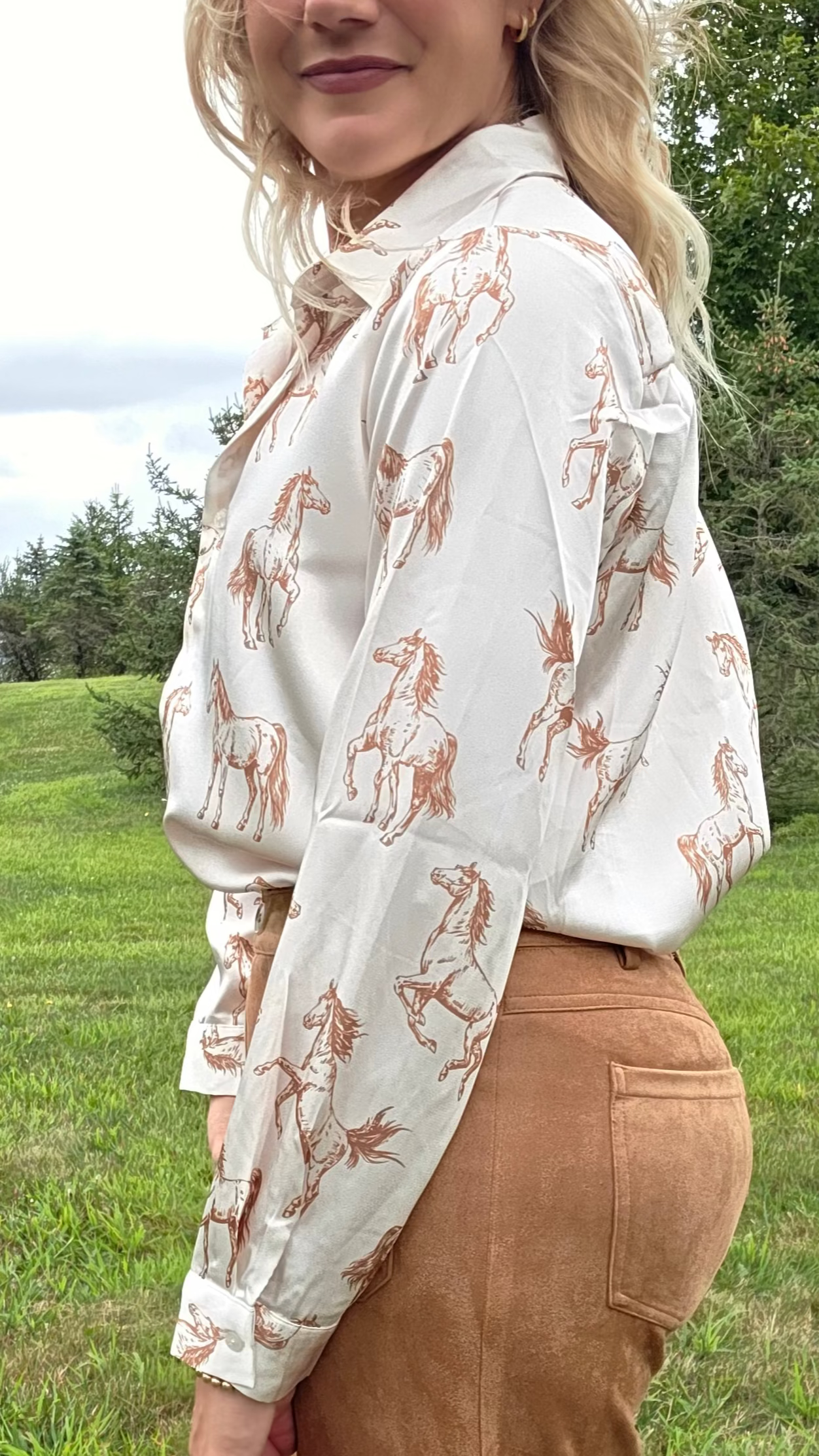 Horse Print Silk Button-Down