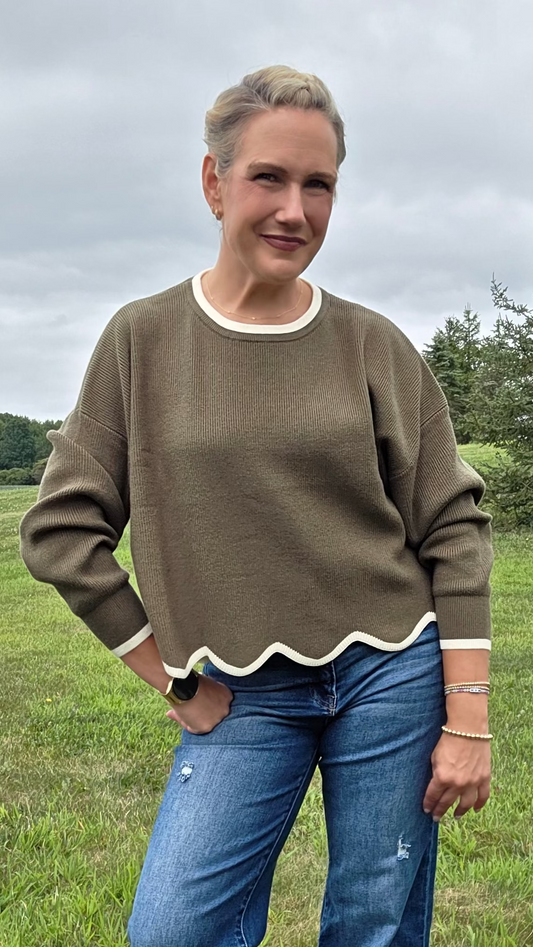 Olive Scallop Edge Sweater