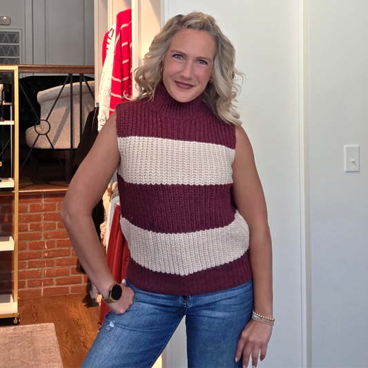 Sleeveless Mock Wine Striped Top