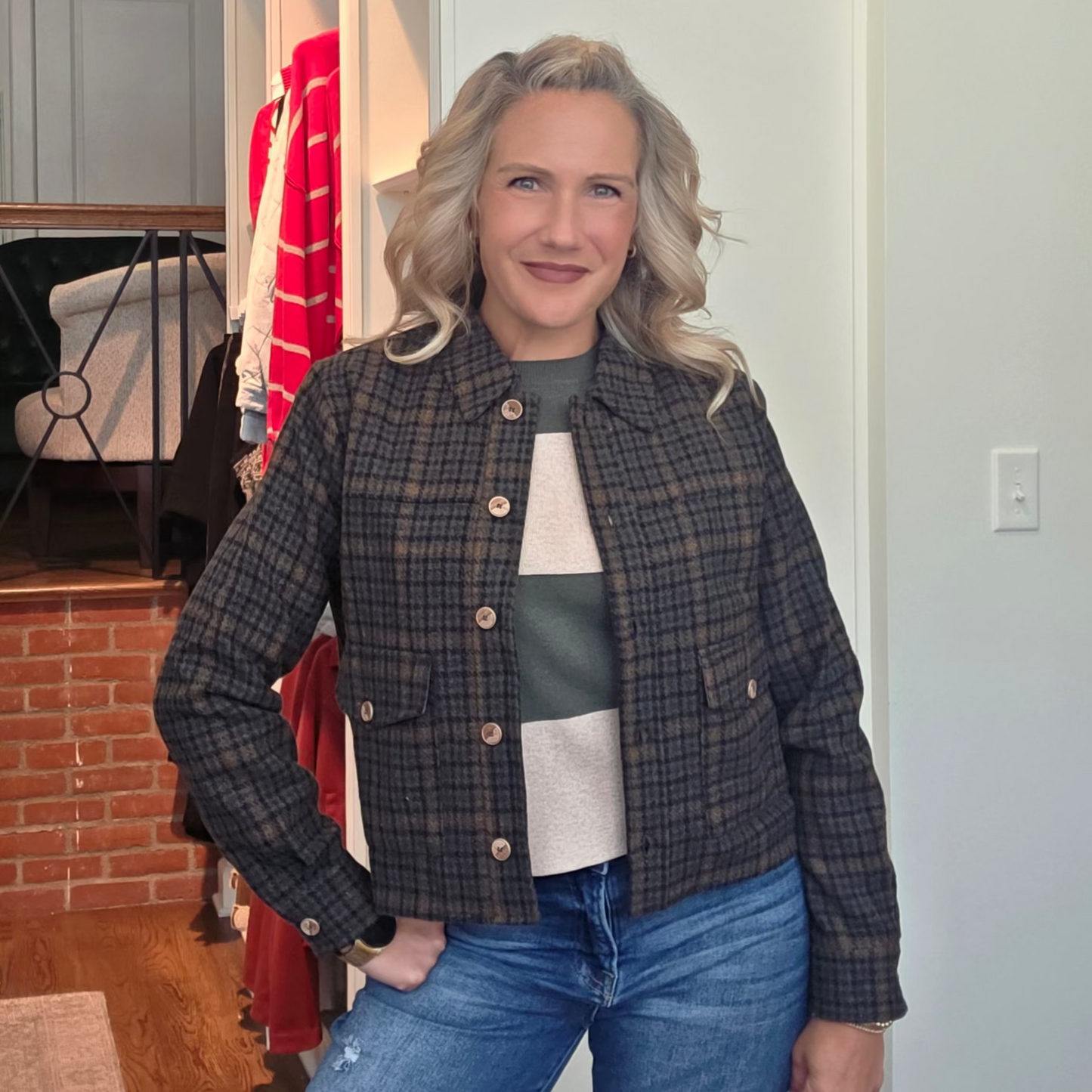 Green Plaid Button-Down Jacket