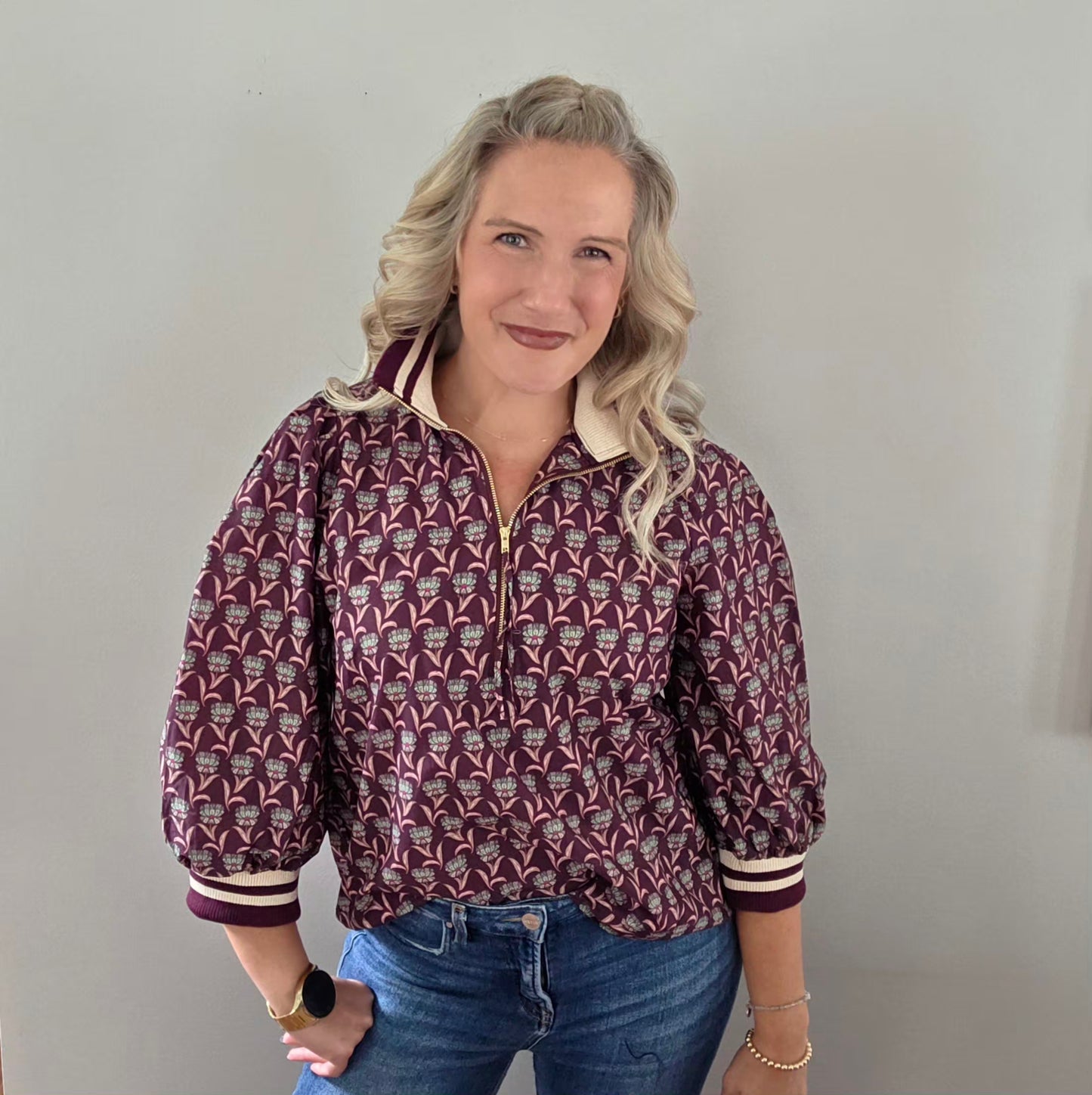 Merlot Floral Print 3/4 Zip Front Top