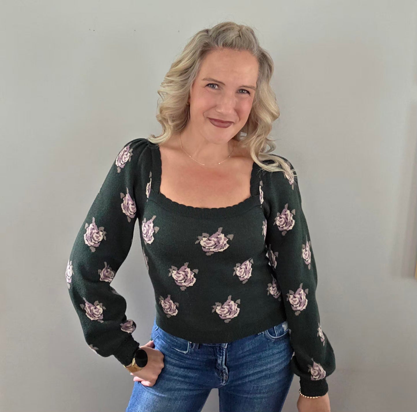 Hunter Green Square Neck Floral Sweater