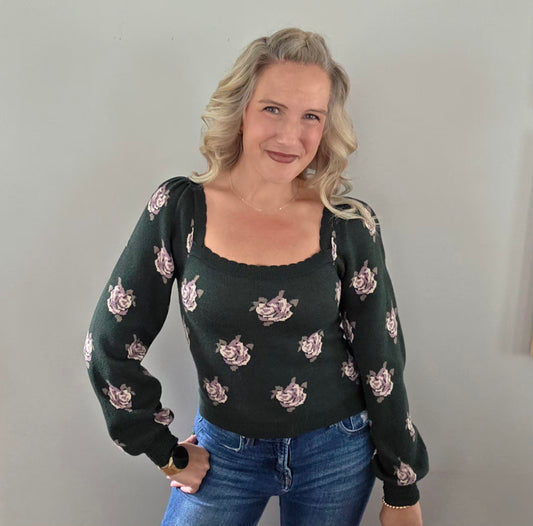 Hunter Green Square Neck Floral Sweater