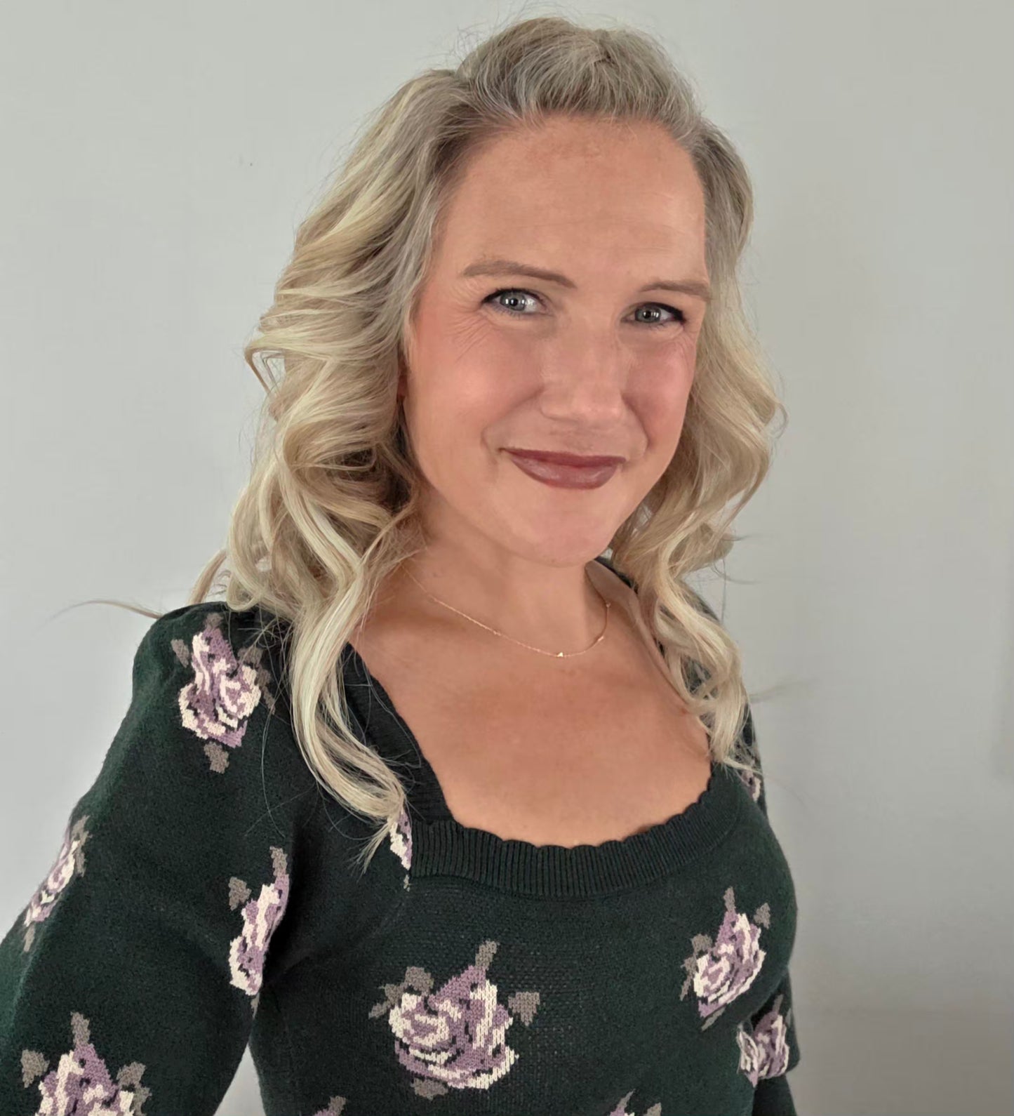 Hunter Green Square Neck Floral Sweater