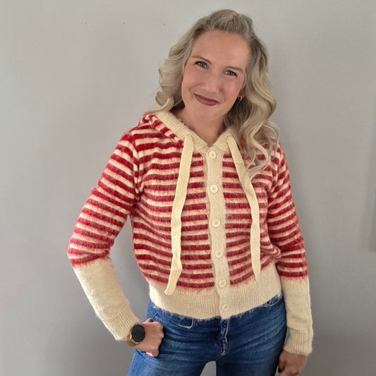 Cream & Red Striped Hooded Cardigan