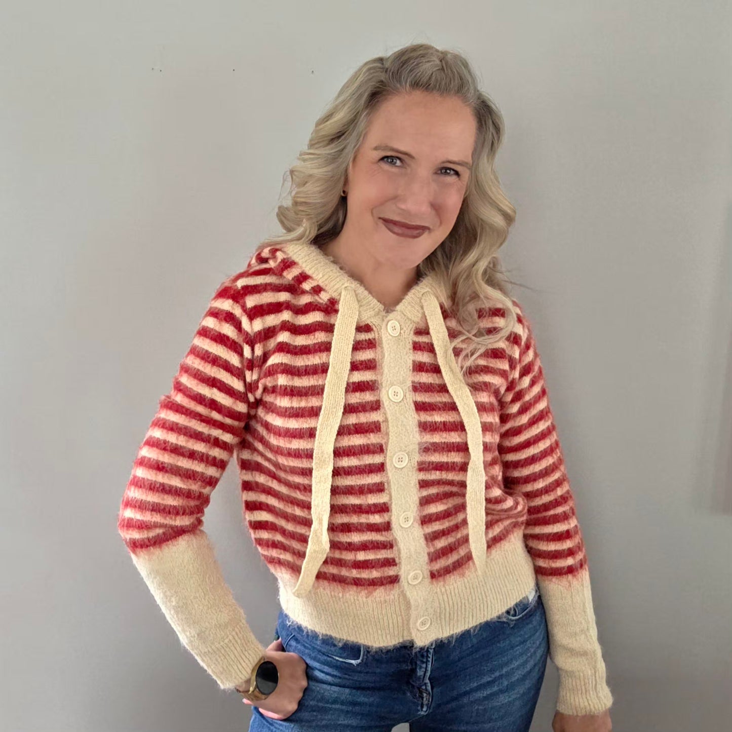 Cream & Red Striped Hooded Cardigan
