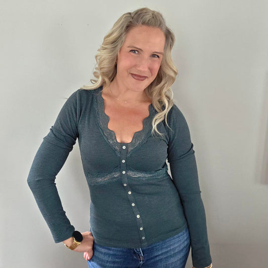 Green Lace Trimmed Ribbed Top