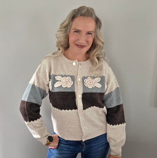 Oatmeal Colorblock Rosette Cardigan