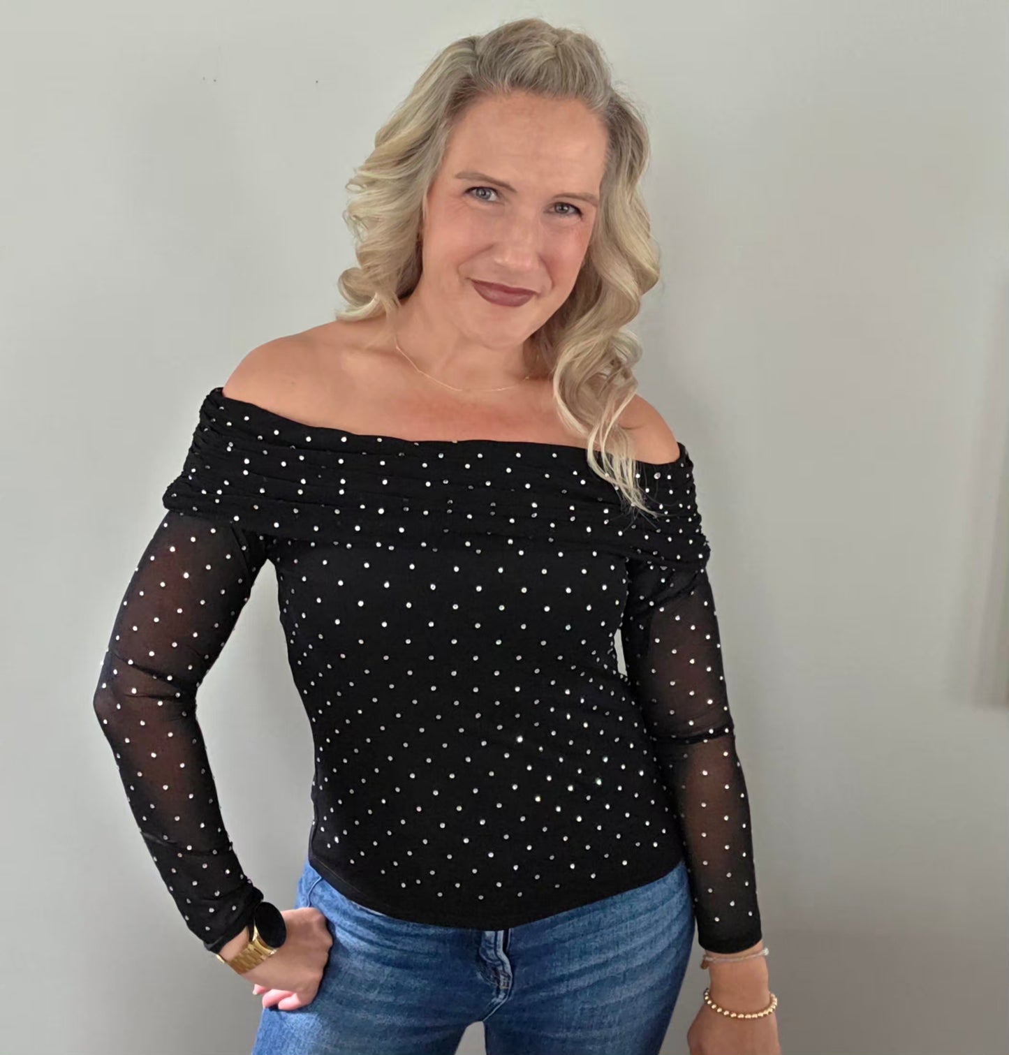 Black Embellished Off the Shoulder Top