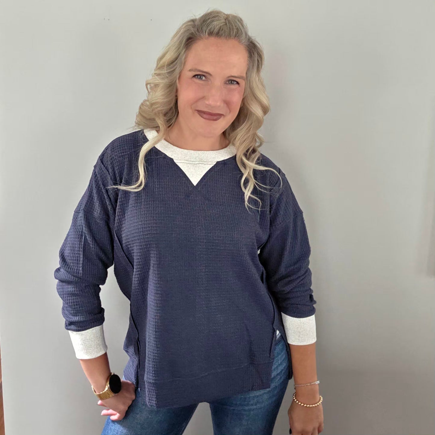 Navy Brushed Waffle Knit Top