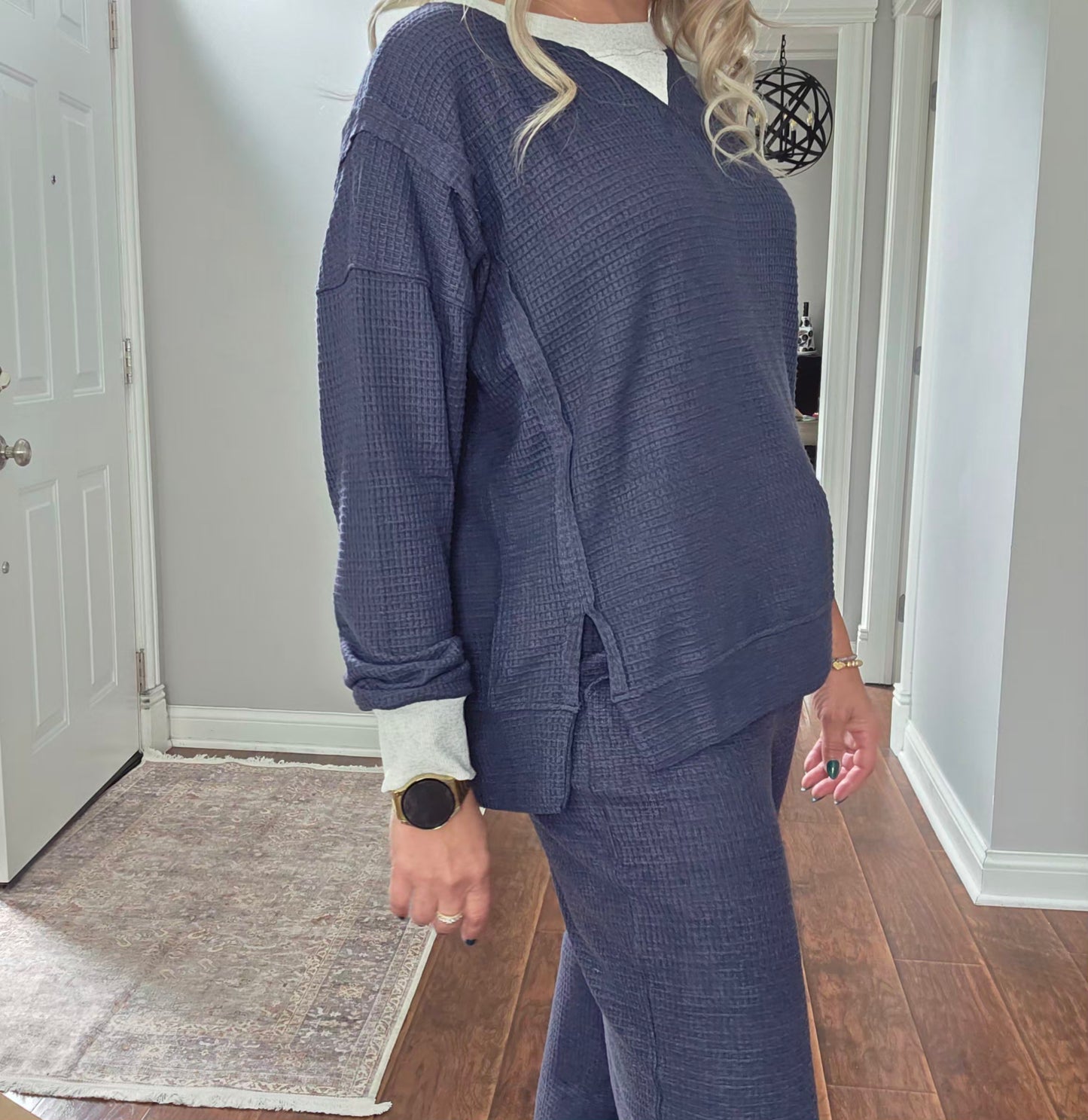 Navy Brushed Waffle Knit Top