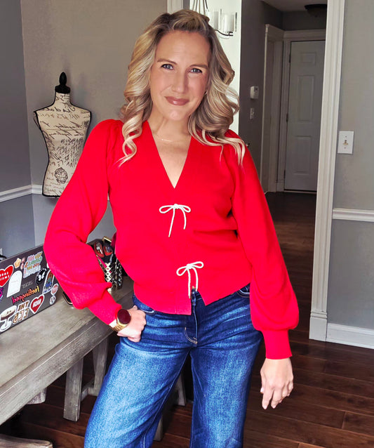 Red Cardigan with Rhinestone Bow Buttons