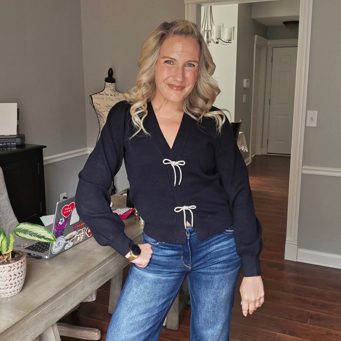 Black Cardigan with Rhinestone Bow Buttons