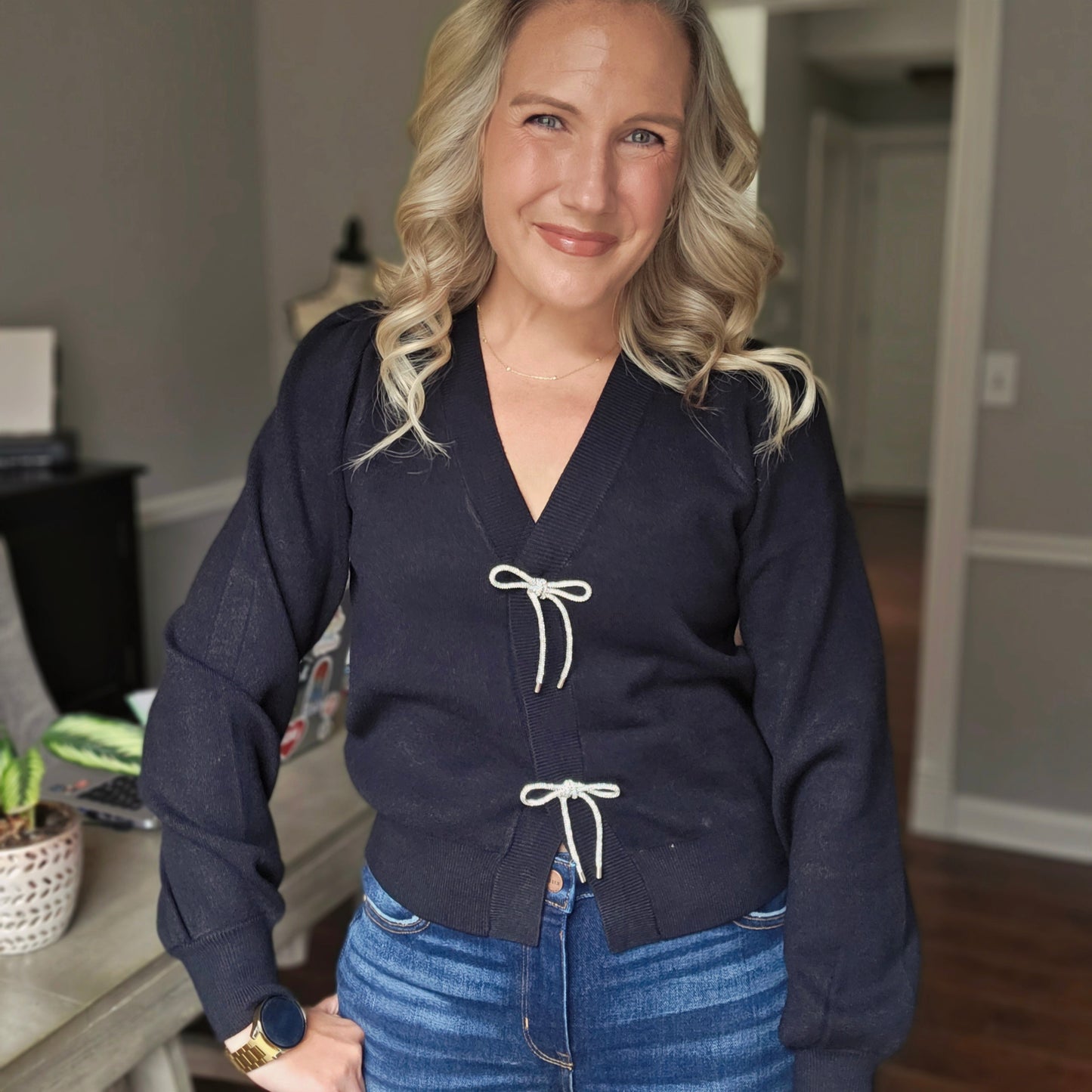 Black Cardigan with Rhinestone Bow Buttons