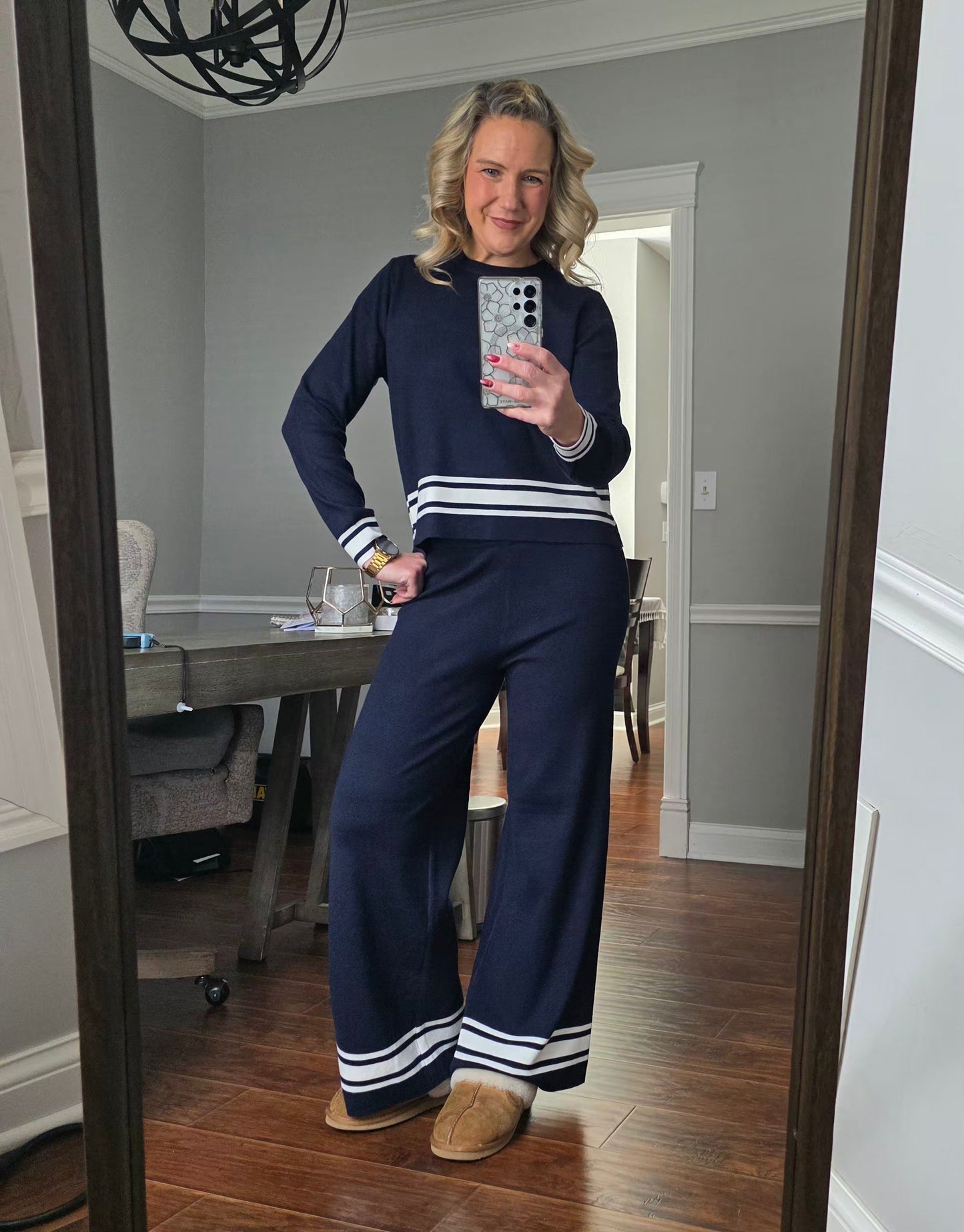 Navy Knit Pants w/Stripes