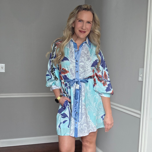 Aqua Floral Print Shirt Dress
