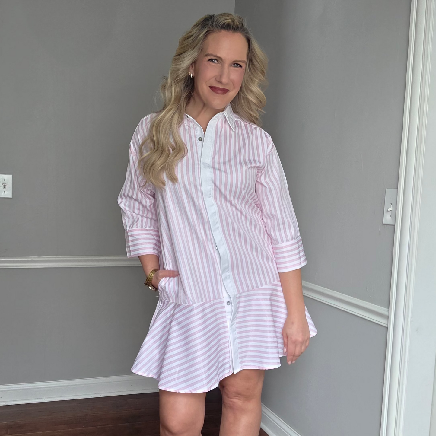 Pink Pinstriped Button-Down Ruffle Hem Dress