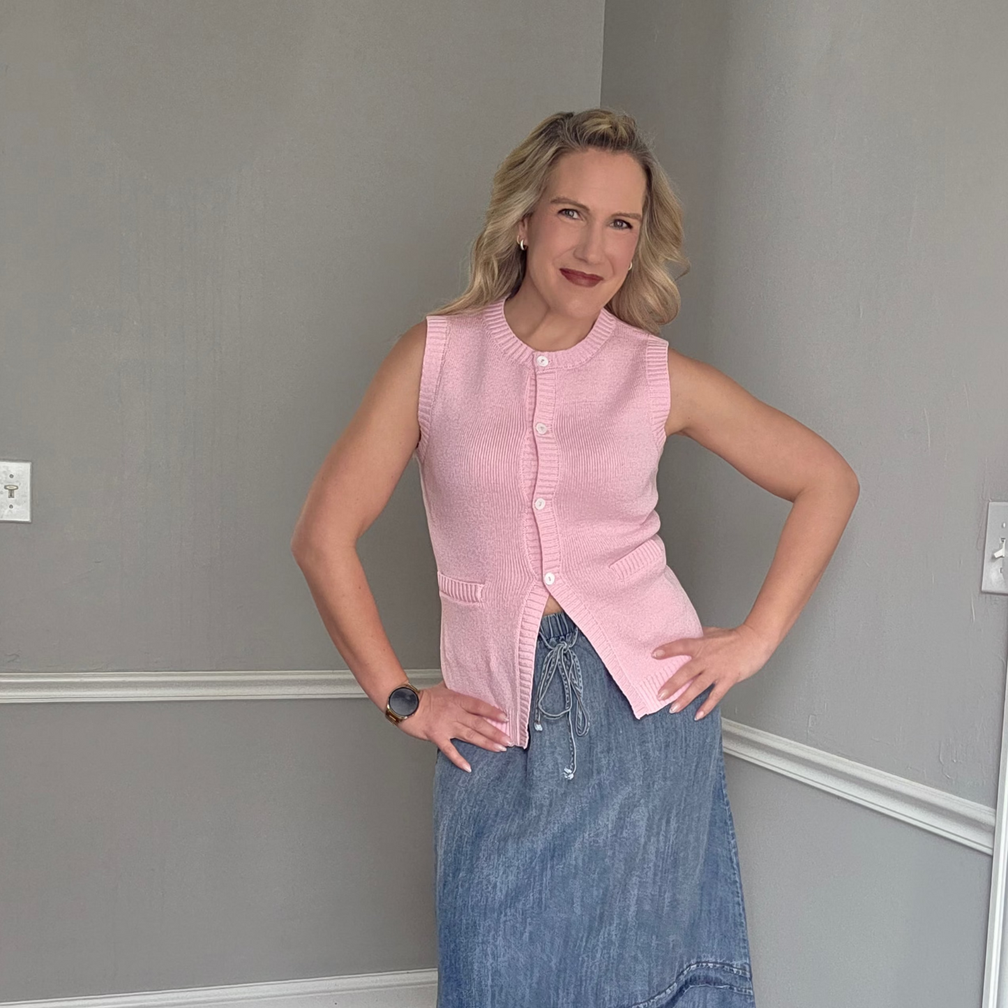 Pink Button Down Knit Vest