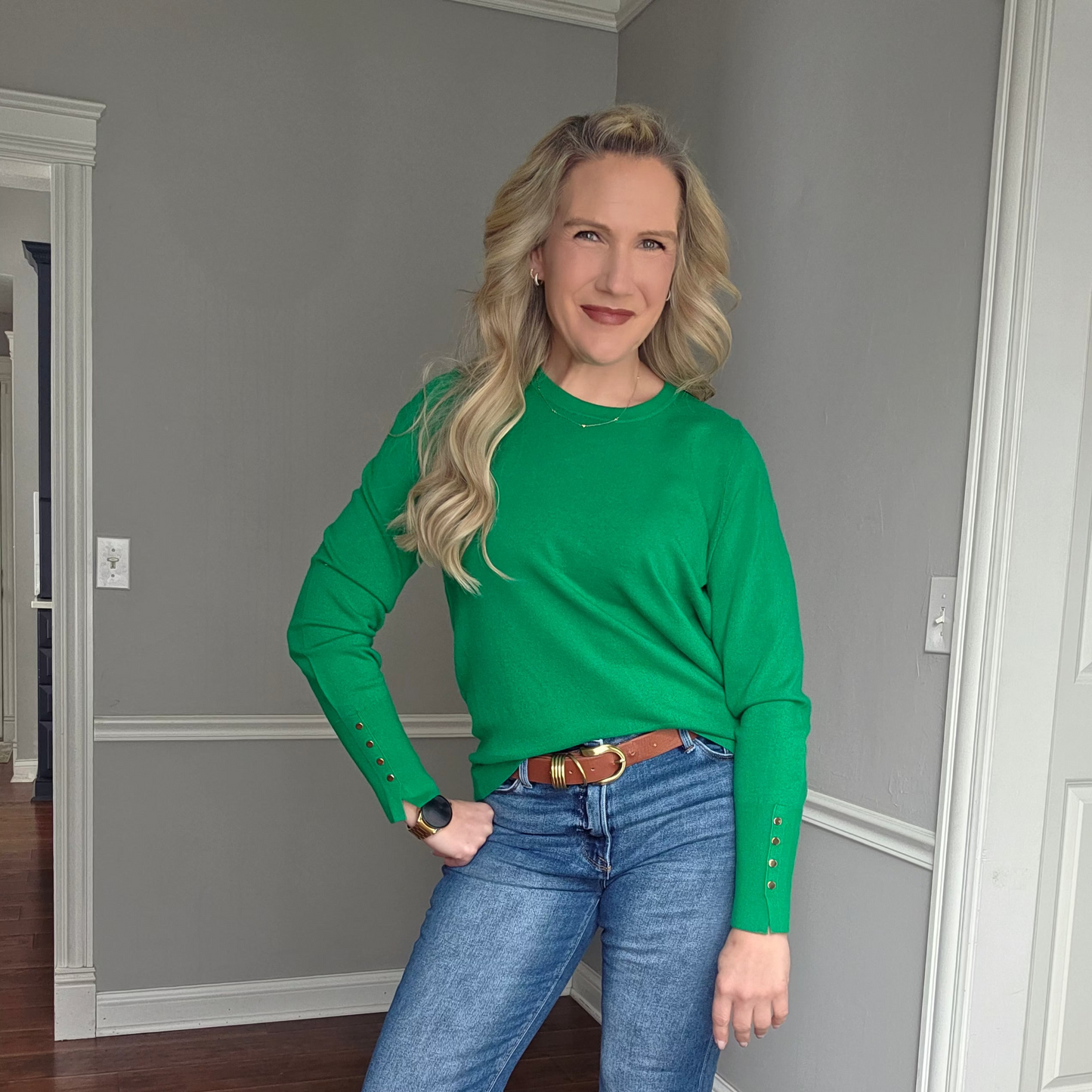 Kelly Green Crew Neck Top w/ Gold Button Accents