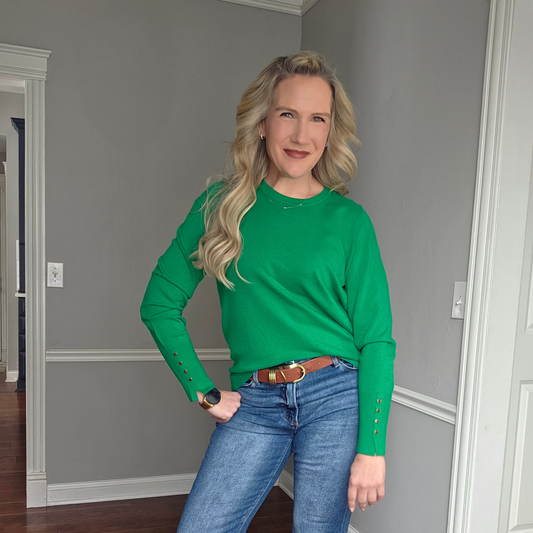 Kelly Green Crew Neck Top w/ Gold Button Accents